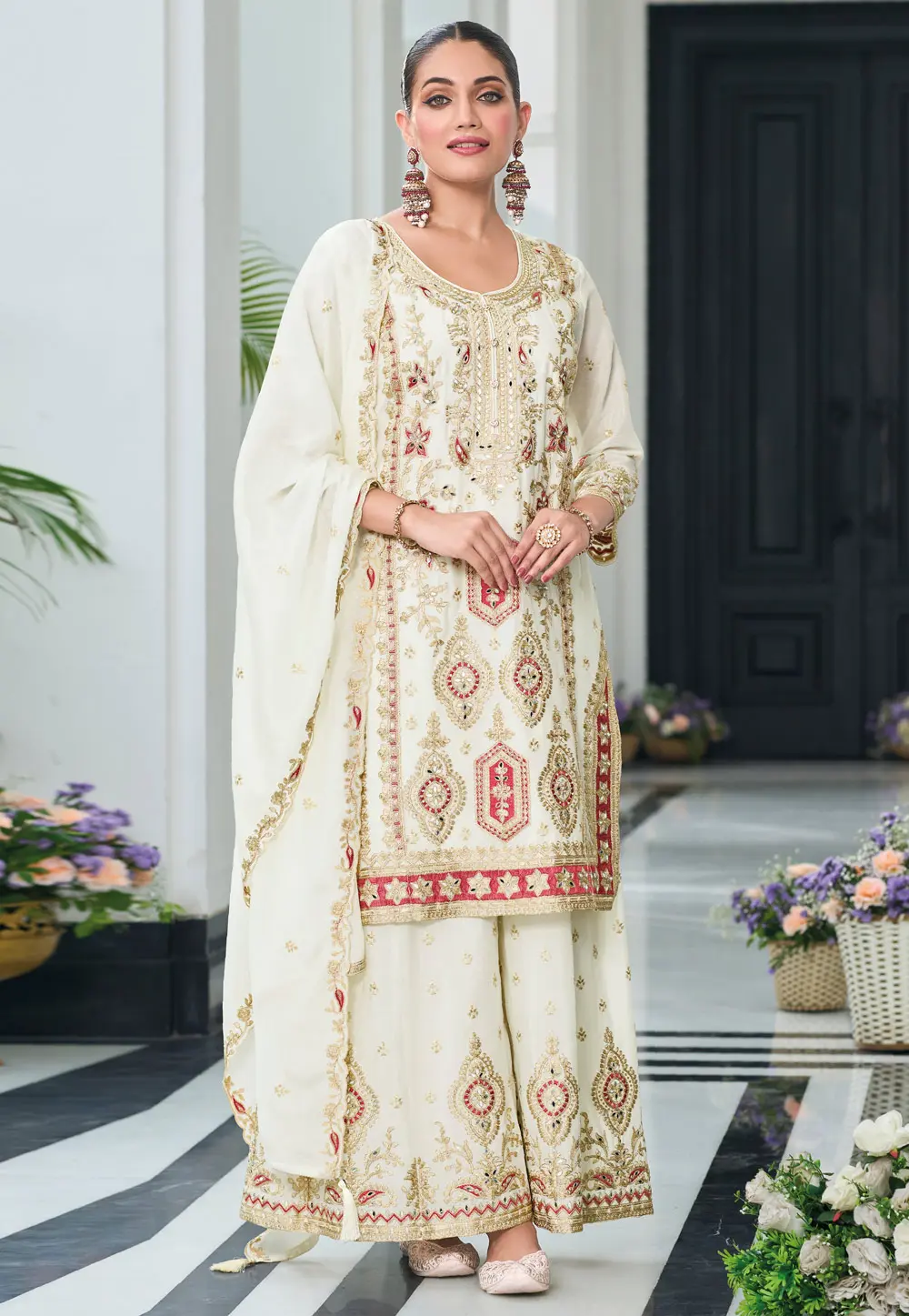 Cream Chinon Readymade Palazzo Suit 303517