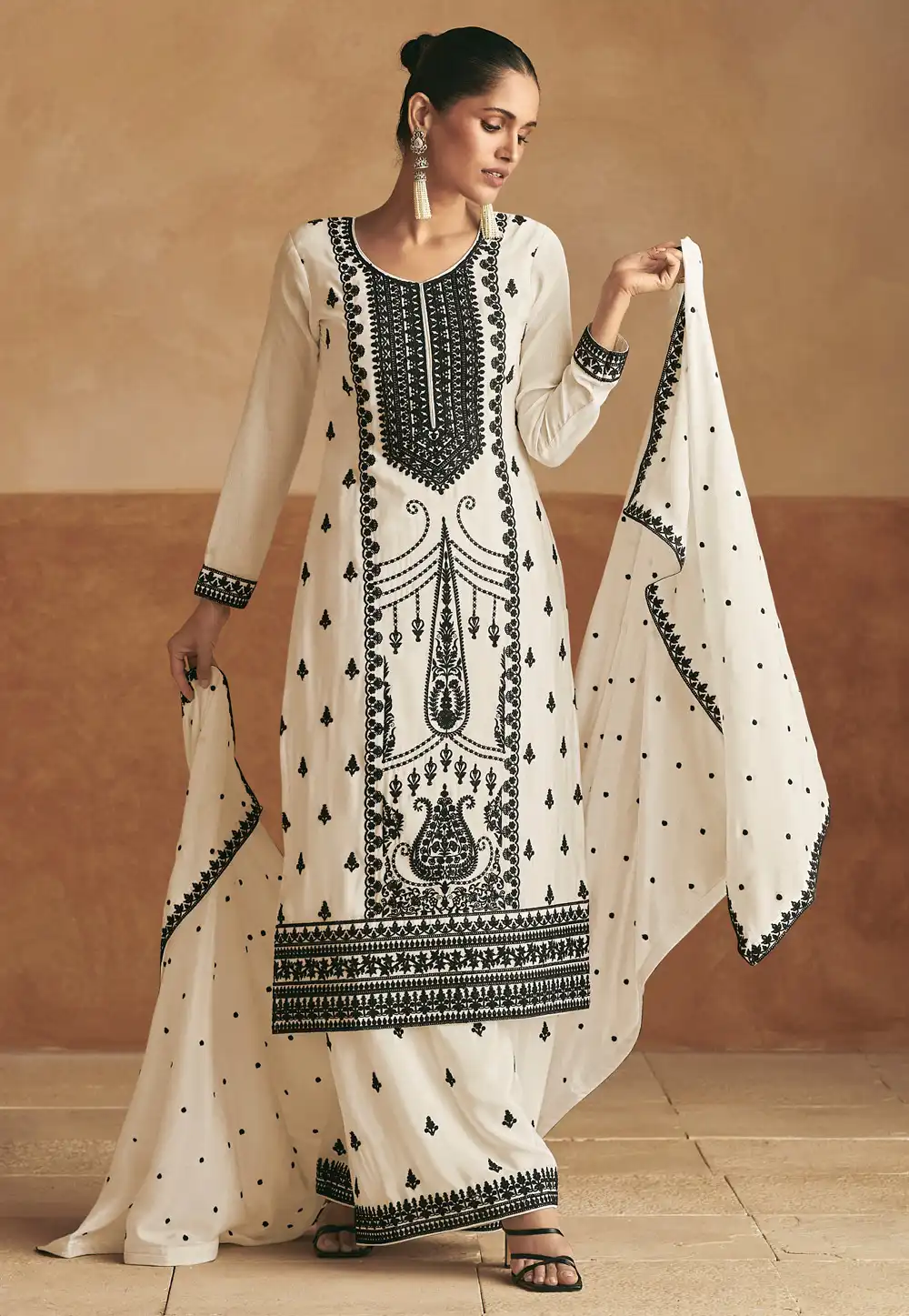 Cream Chinon Silk Embroidered Palazzo Suit 290976