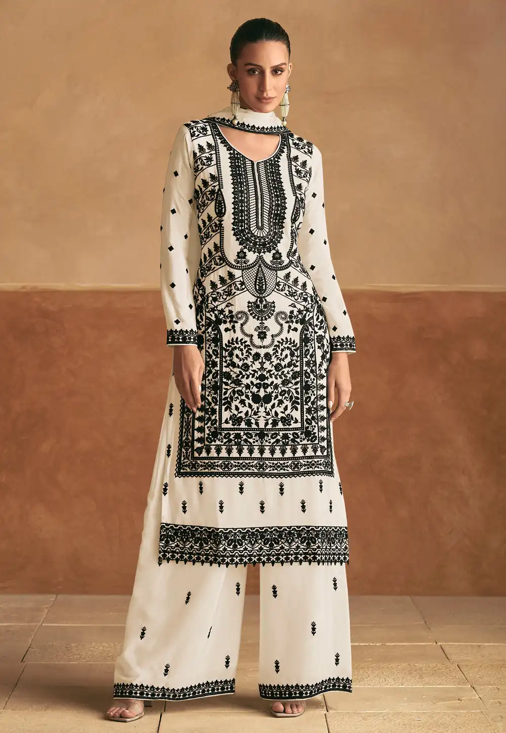 Cream Chinon Silk Embroidered Palazzo Suit 290978