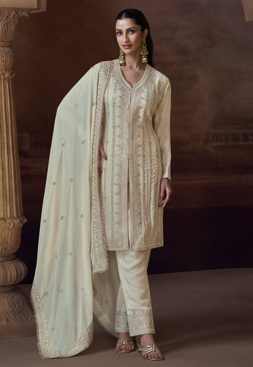 Cream Chinon Silk Embroidered Pant Style Suit 305522