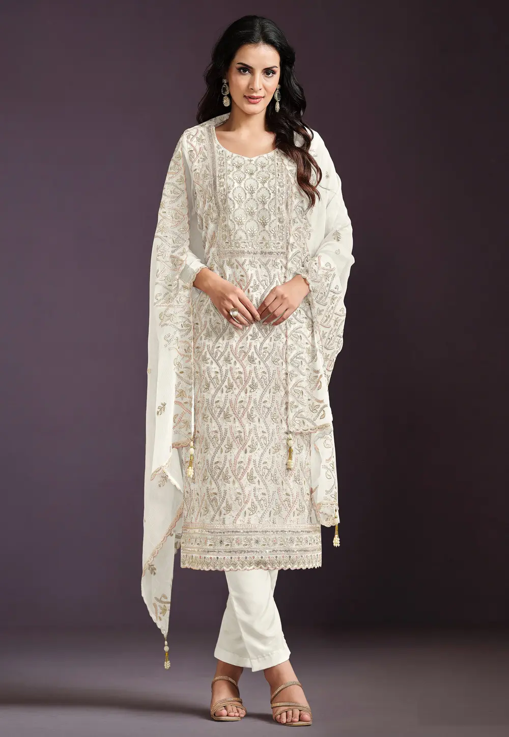 Cream Chinon Silk Embroidered Straight Suit 303891