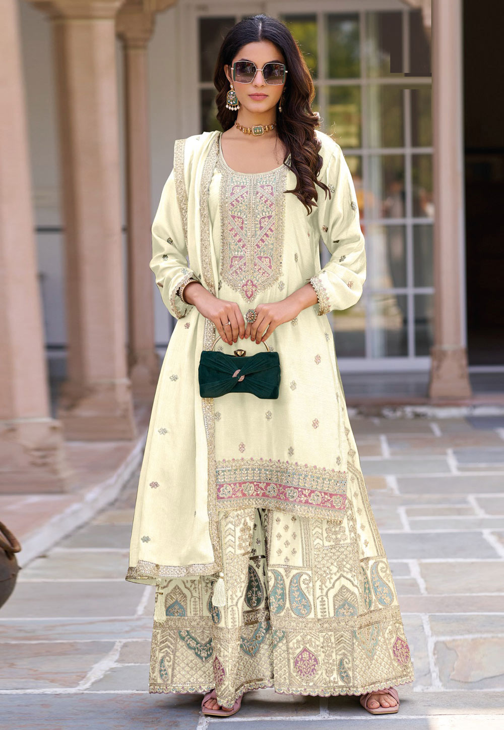 Cream Chinon Silk Pakistani Suit 305527