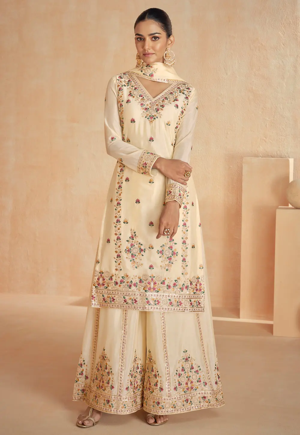 Cream Chinon Silk Palazzo Suit 297445