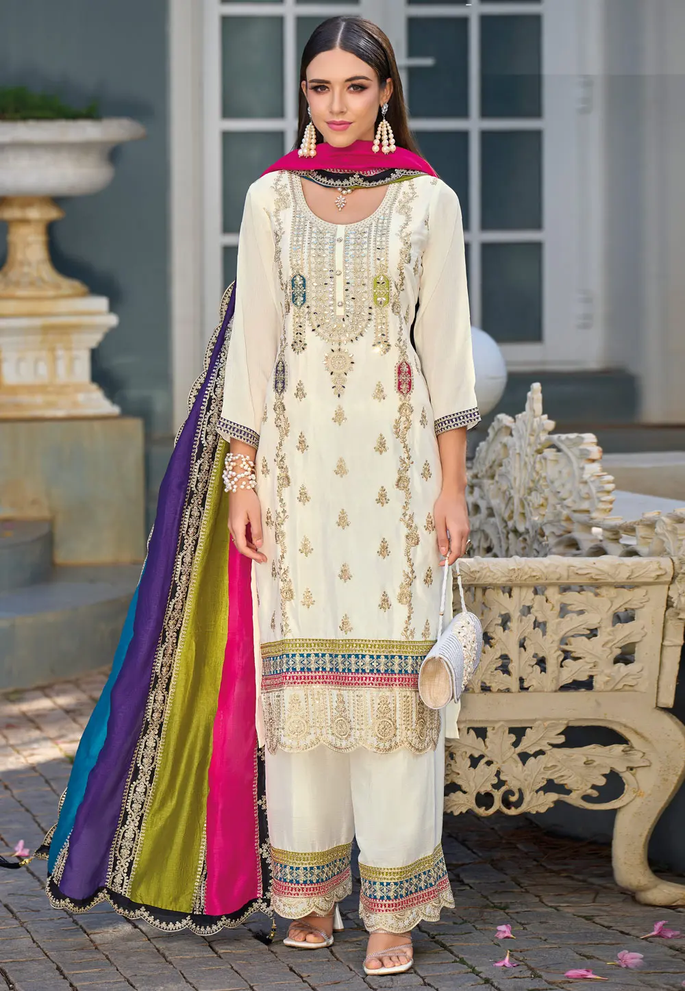 Cream Chinon Silk Palazzo Suit 301466