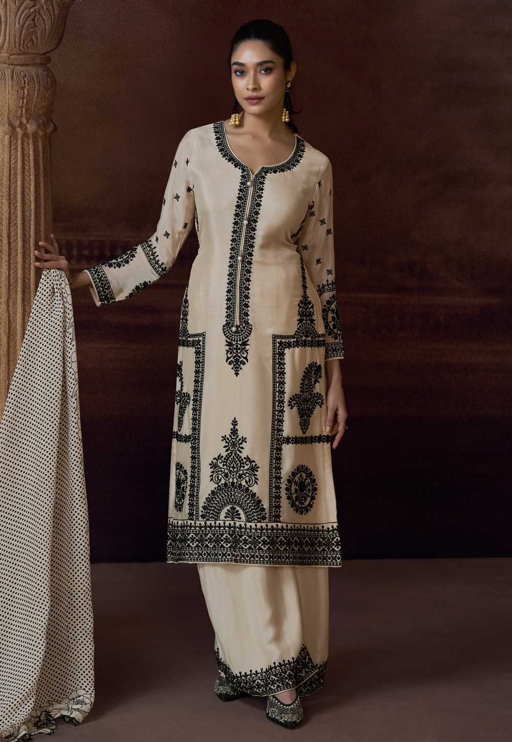 Cream Chinon Silk Palazzo Suit 305524