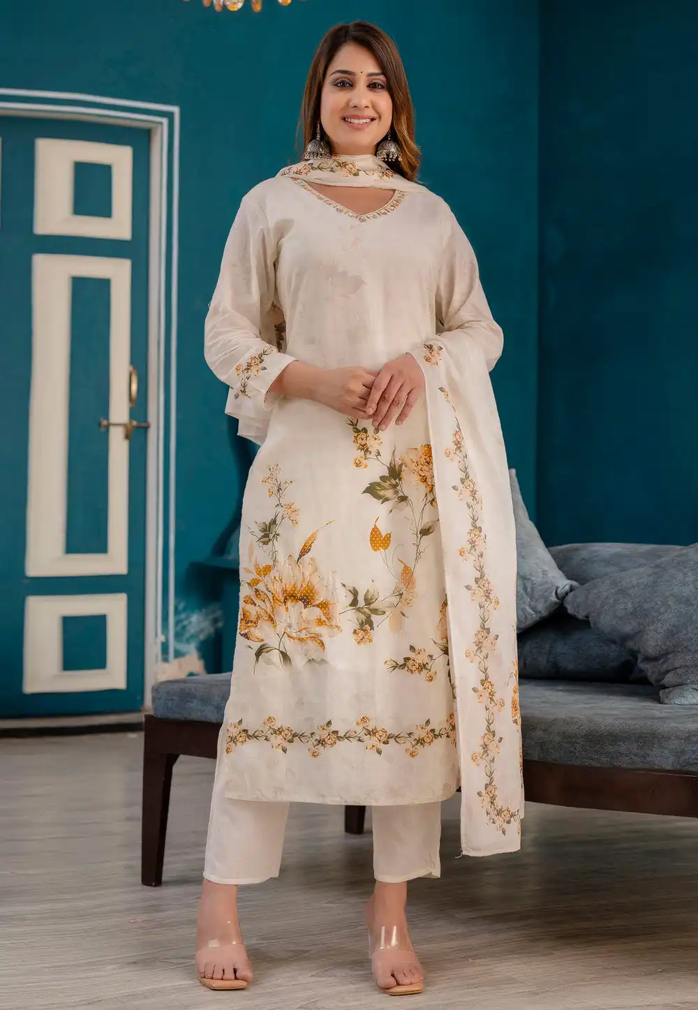 Cream Cotton Cambric Readymade Pakistani Suit 293535