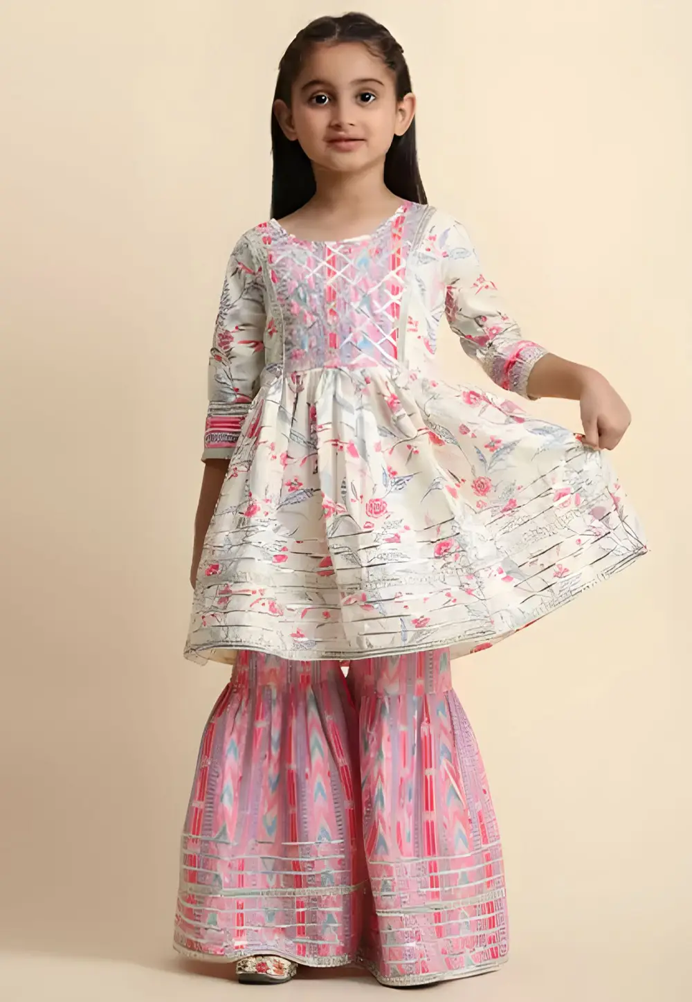 Cream Cotton Kids Sharara Suit 296607