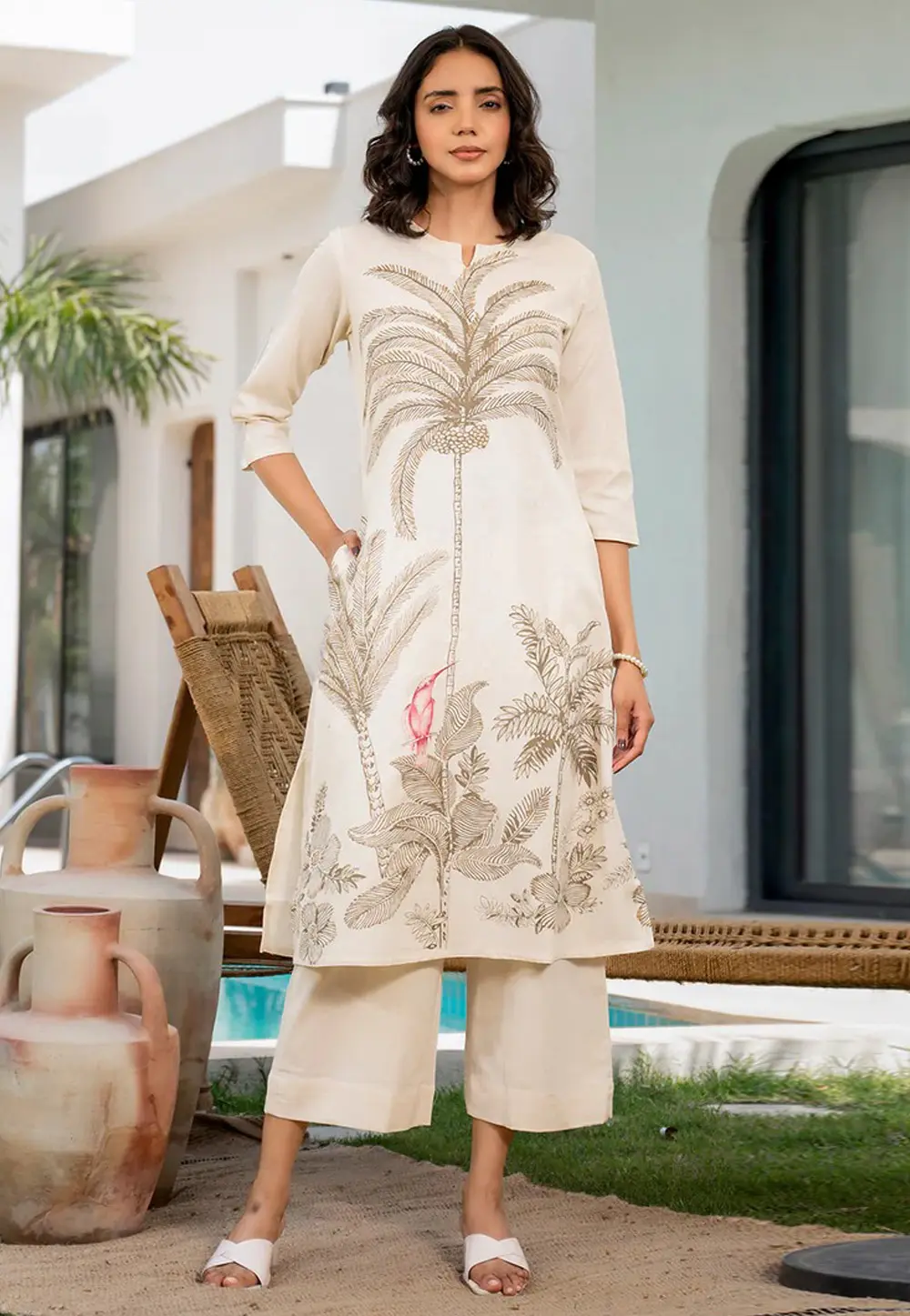 Cream Cotton Kurta Set With Palazzo 304451