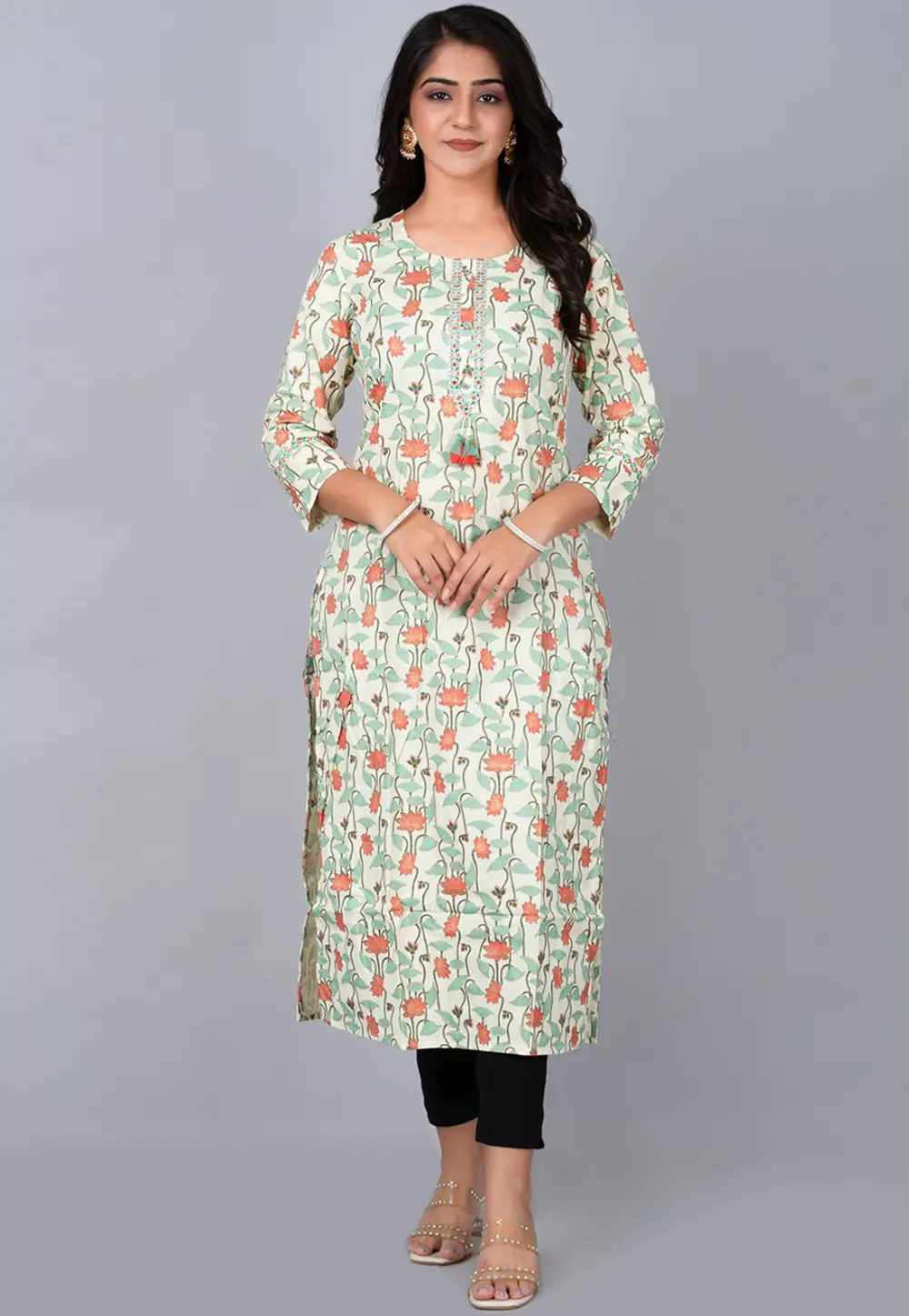 Cream Cotton Printed Long Tunic 302768