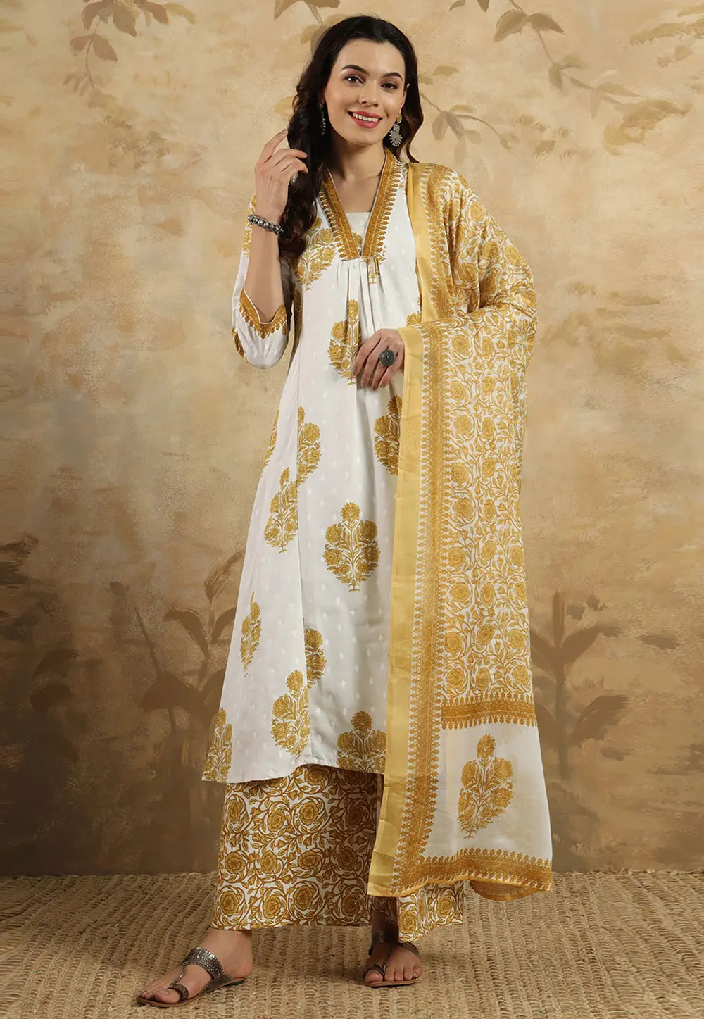 Cream Cotton Readymade Palazzo Suit 300532