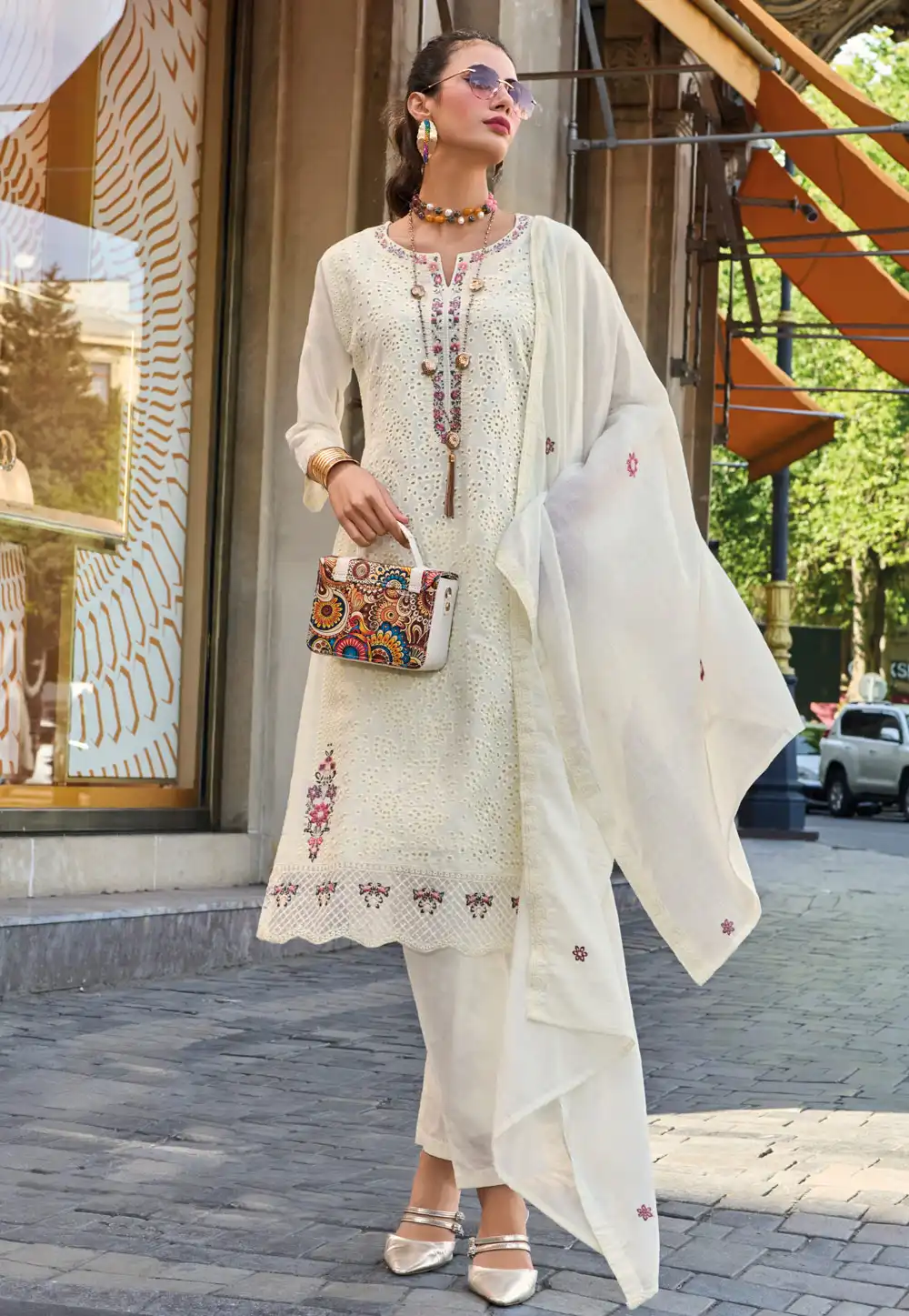 Cream Cotton Readymade Pant Style Suit 289820