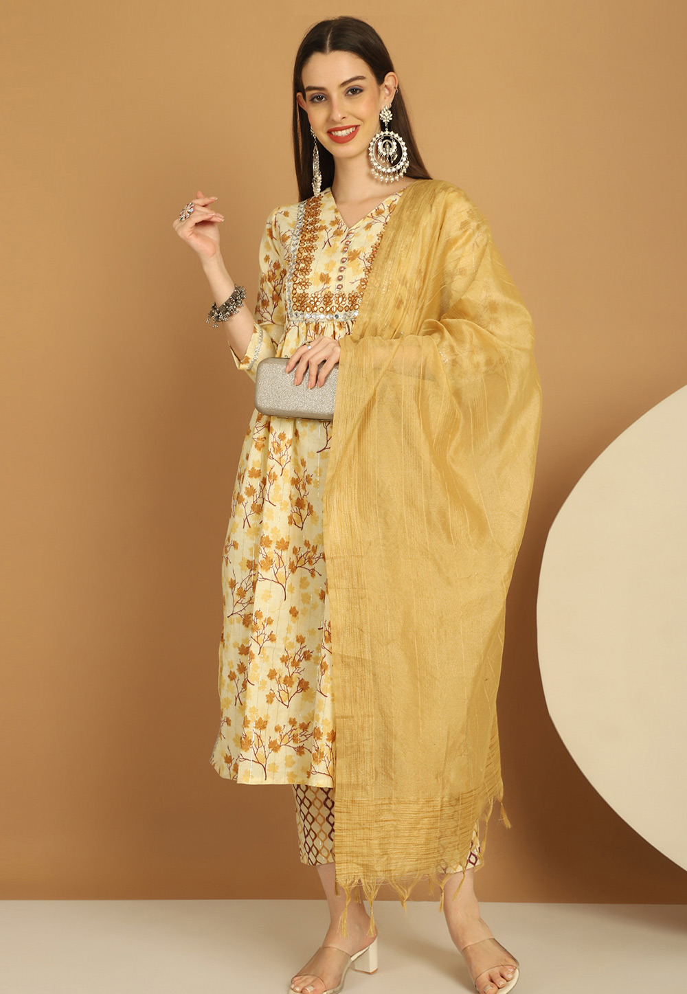 Cream Cotton Readymade Pant Style Suit 279112
