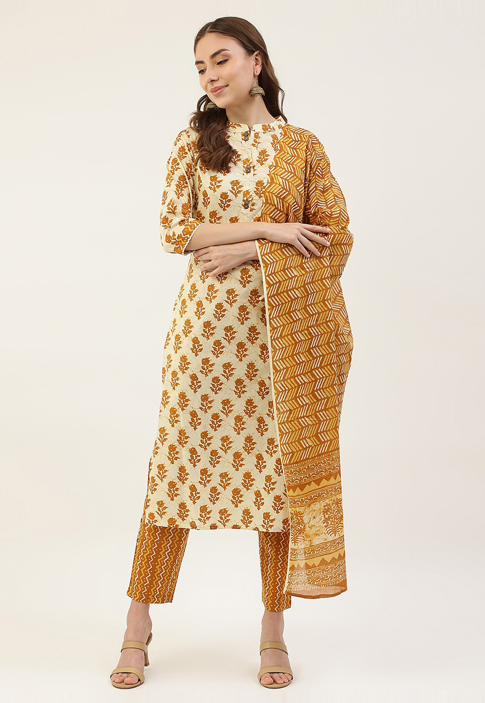 Cream Cotton Readymade Pant Style Suit 278117