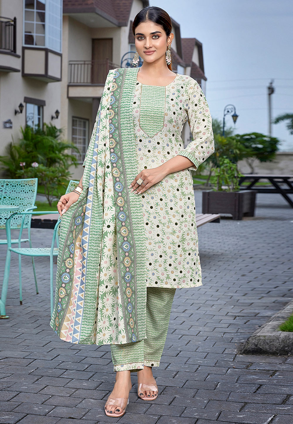 Cream Cotton Readymade Pant Style Suit 305868