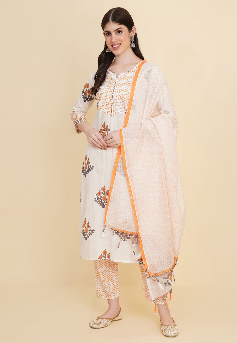 Cream Cotton Readymade Pant Style Suit 285126