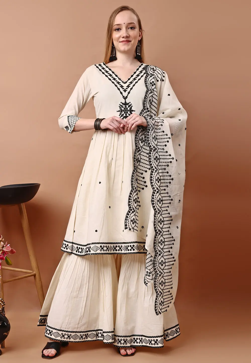 Cream Cotton Readymade Sharara Suit 302936