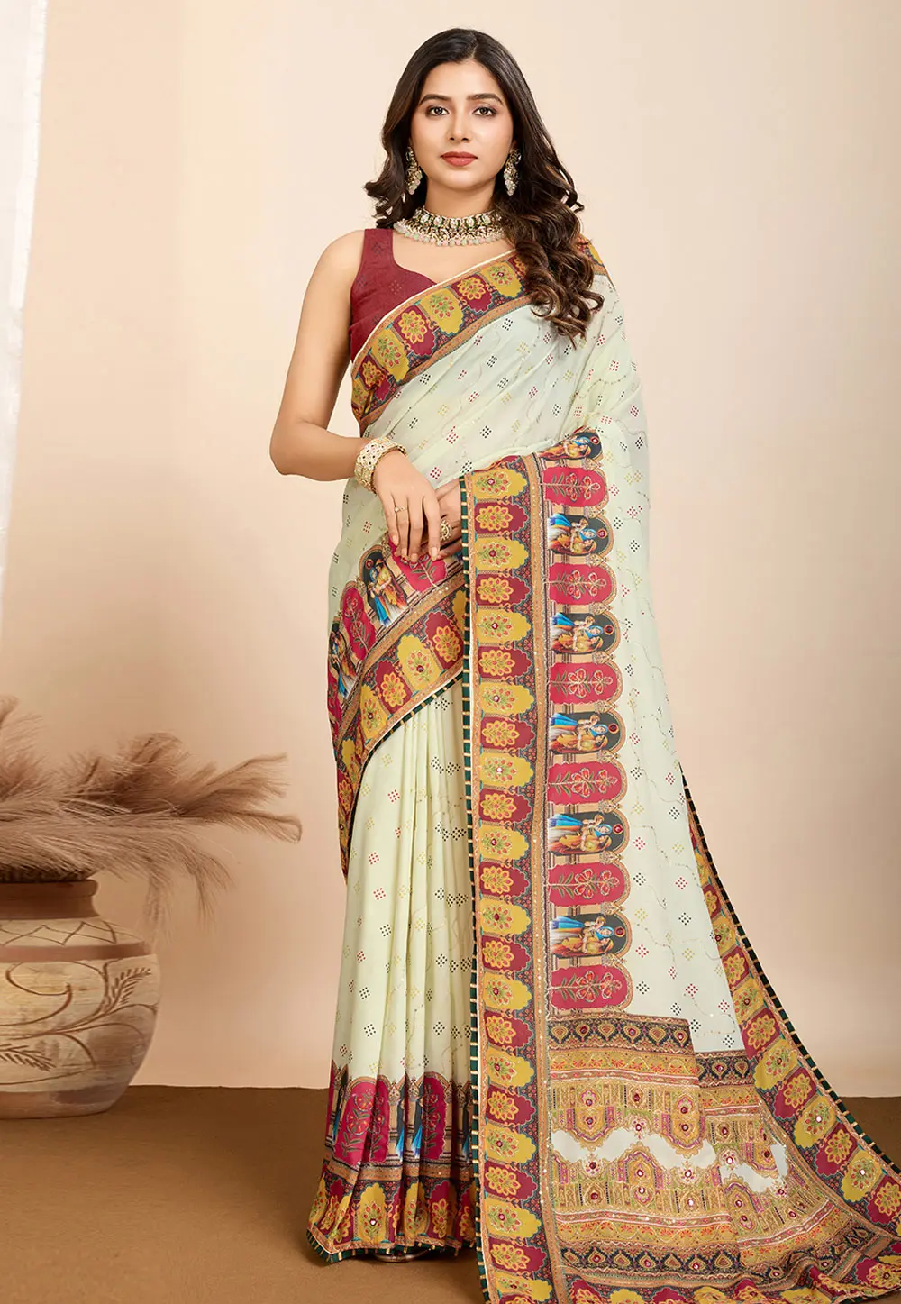 Cream Cotton Saree With Blouse 304517