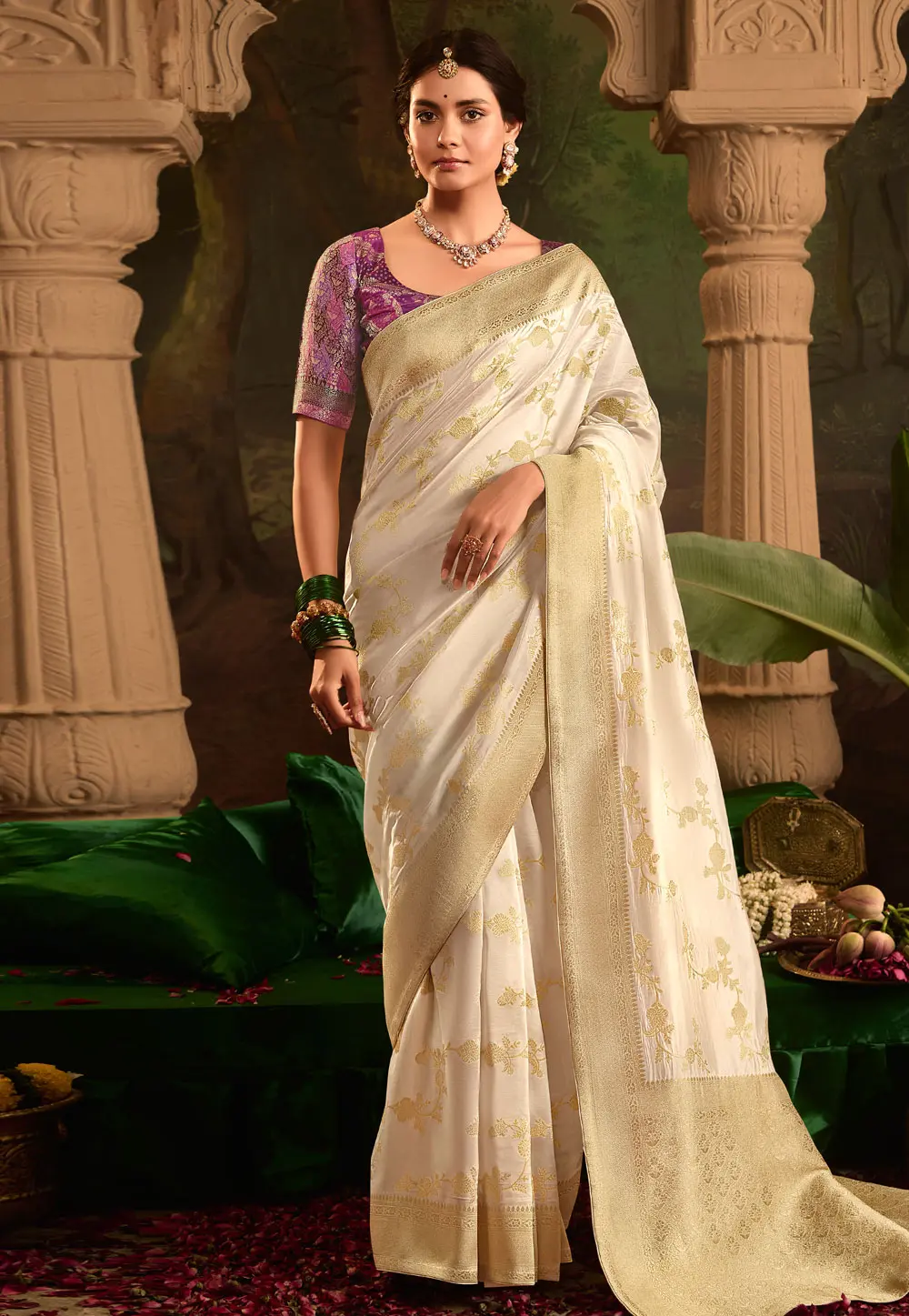 Cream Crepe Silk Saree With Blouse 301425