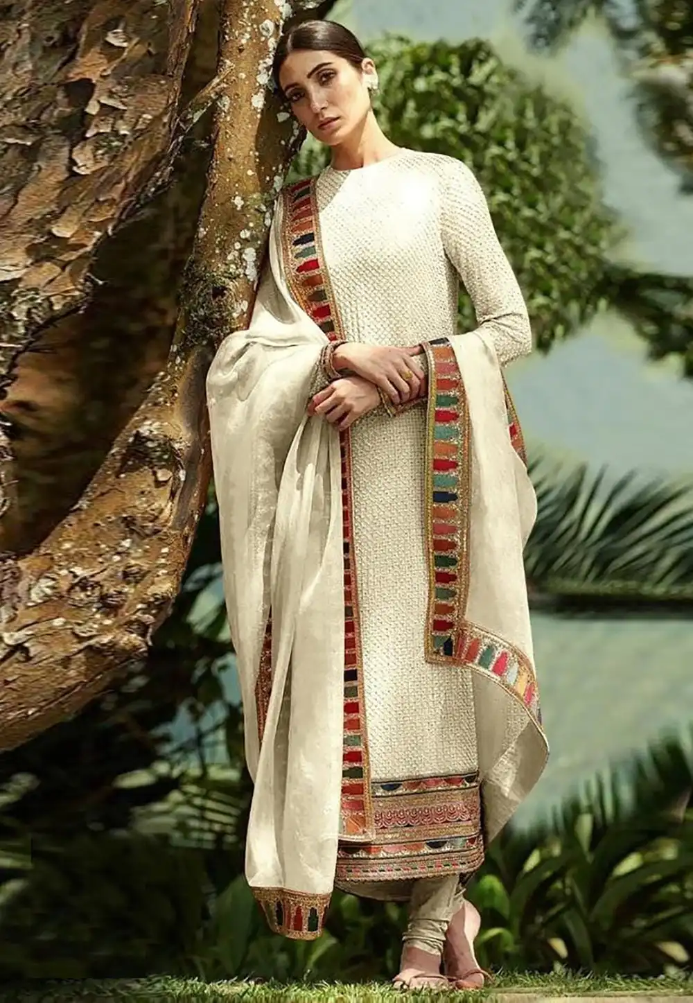 Cream Faux Georgette Churidar Suit 292138