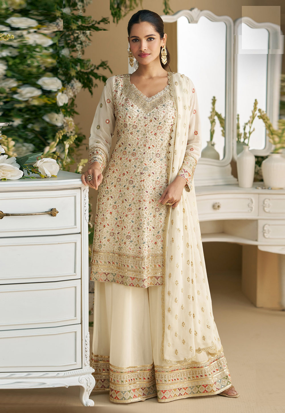 Cream Faux Georgette Embroidered Palazzo Suit 310213