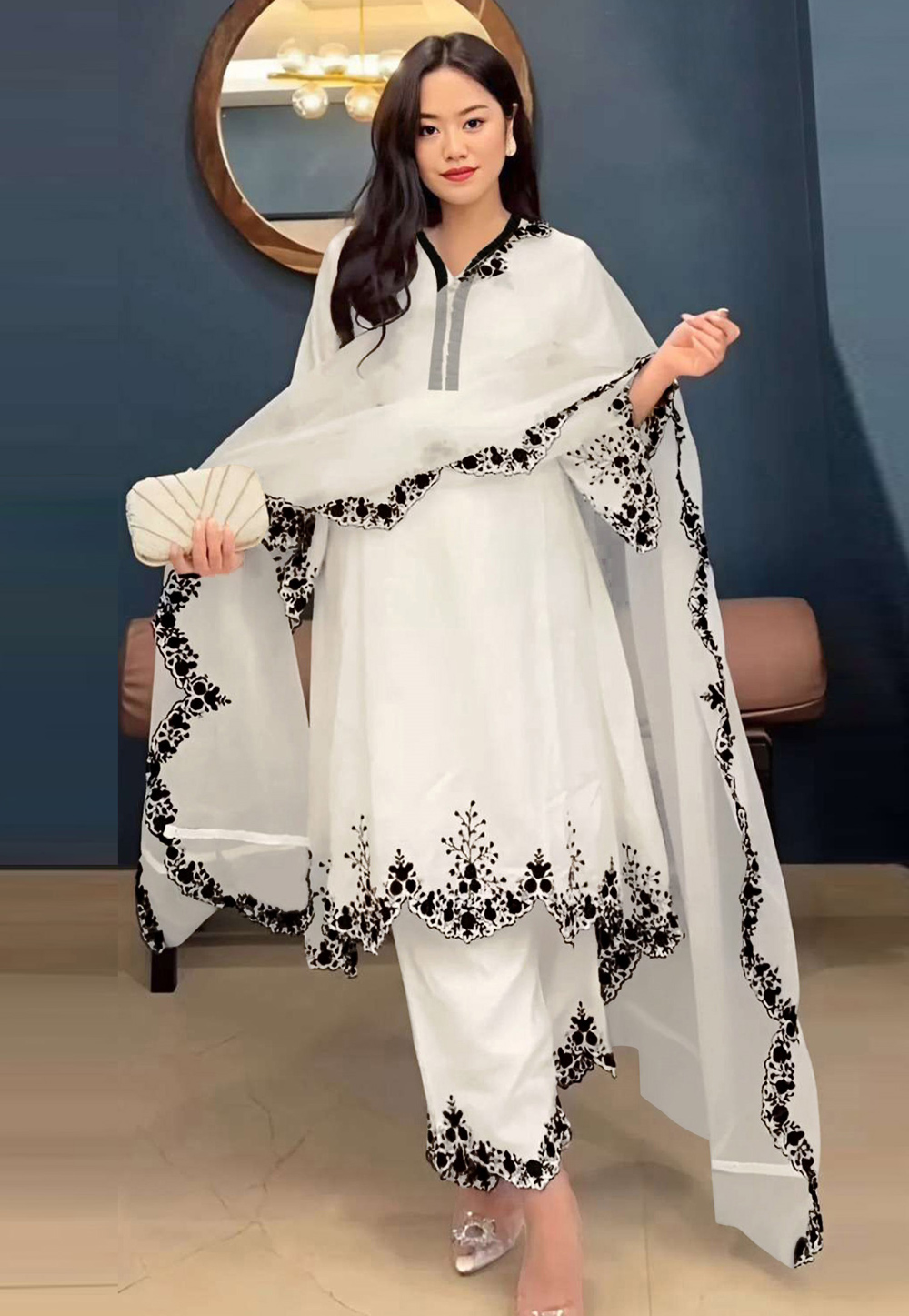 Cream Faux Georgette Readymade Pant Style Suit 309305