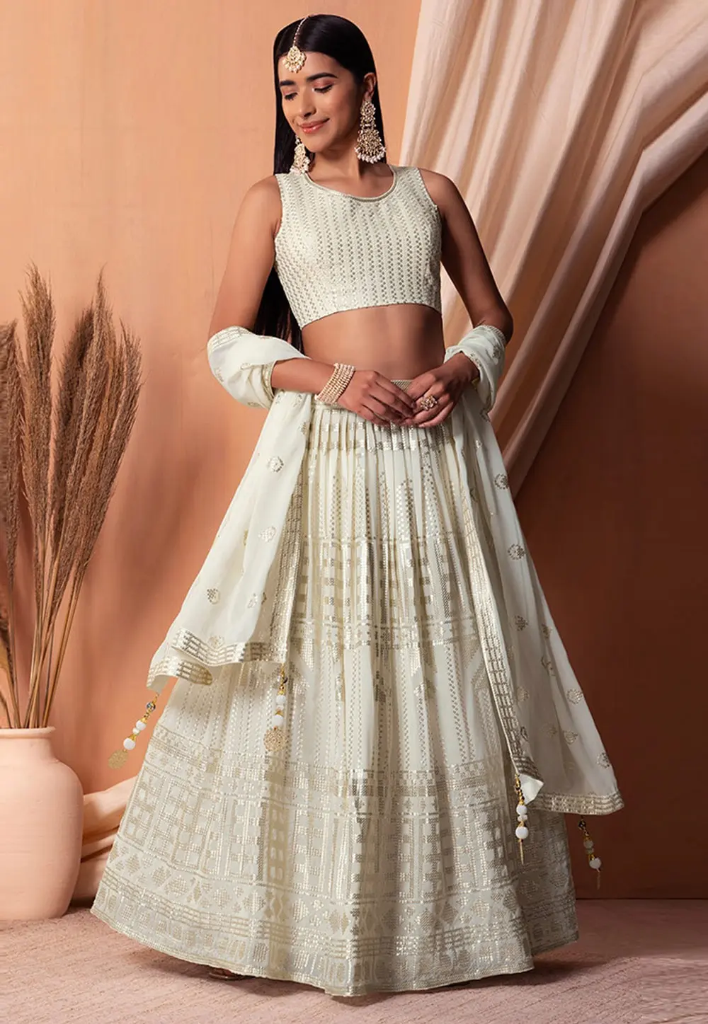 Cream Georgette A Line Lehenga Choli 300864