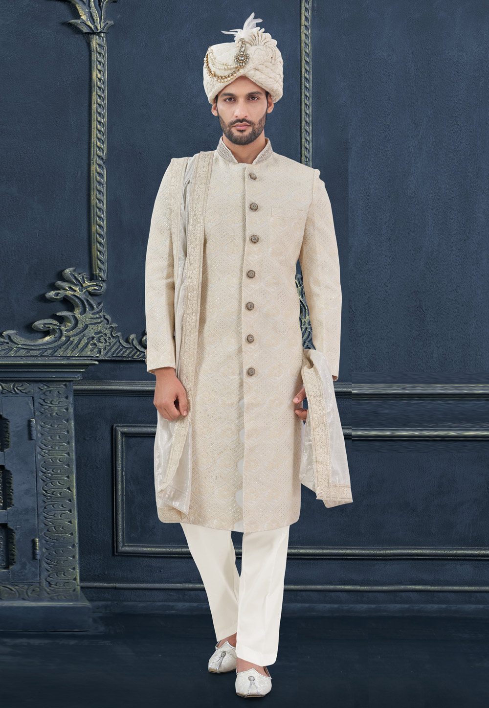 Cream Georgette Achkan Style Sherwani 305204