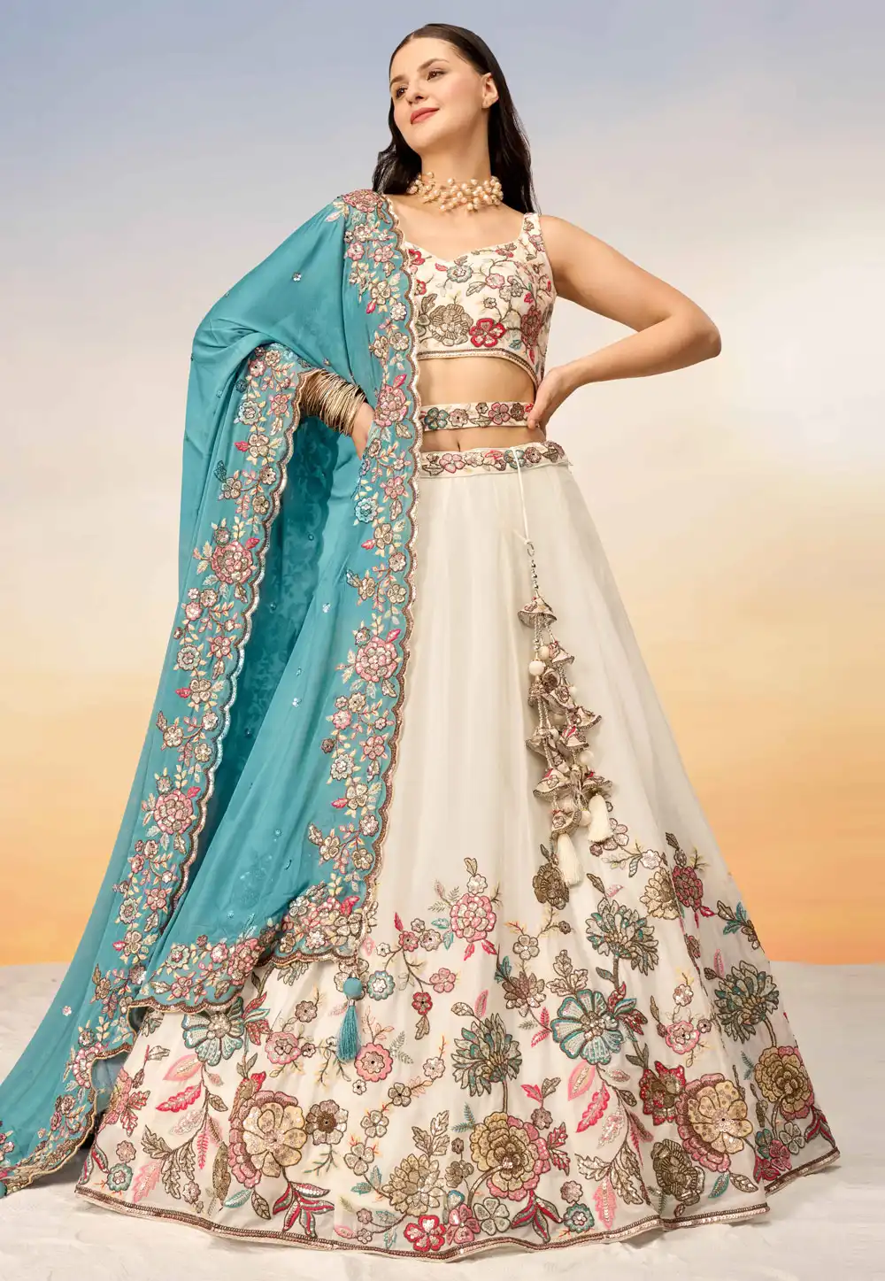 Cream Georgette Circular Lehenga Choli 291823