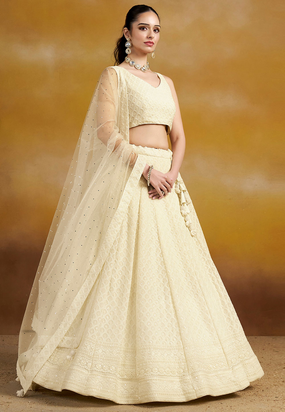 Cream Georgette Circular Lehenga Choli 310358