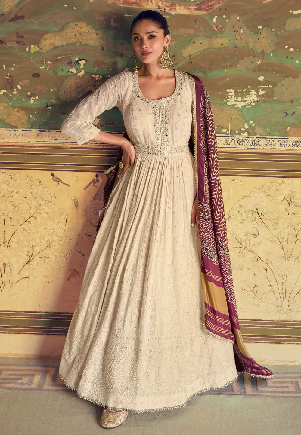 Cream Georgette Embroidered Anarkali Suit 303887