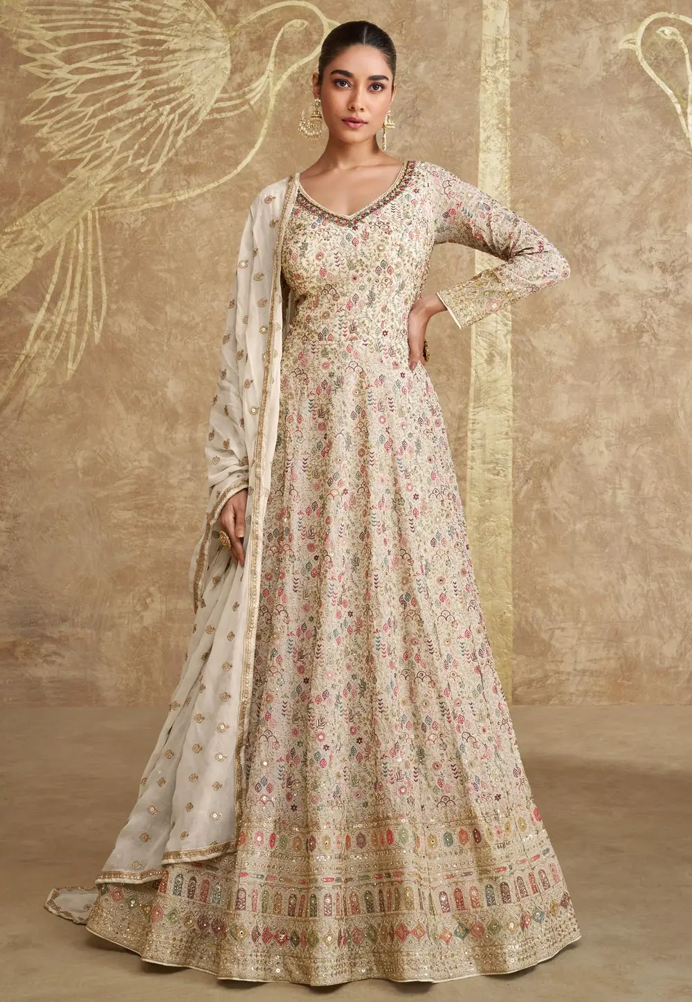 Cream Georgette Embroidered Long Anarkali Suit 297202