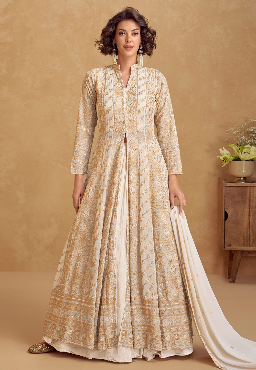 Cream Georgette Indo Western Lehenga Choli 310390