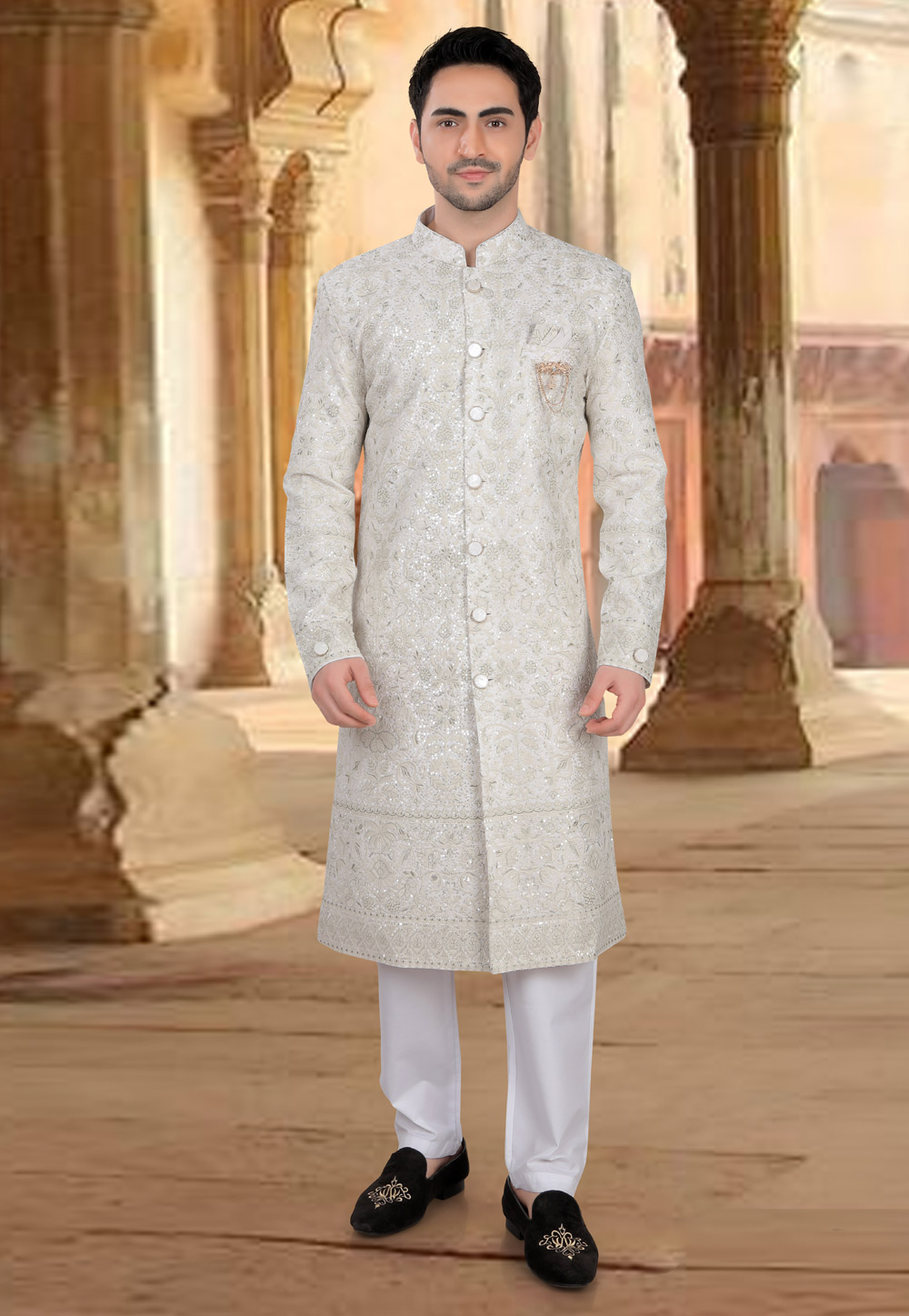 Cream Georgette Indo Western Sherwani 309071