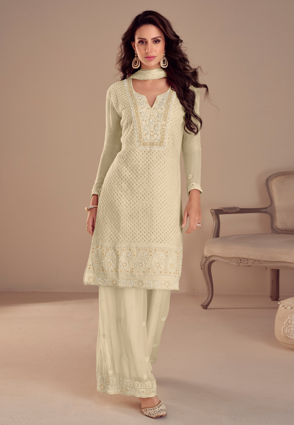 Cream Georgette Palazzo Suit 306213