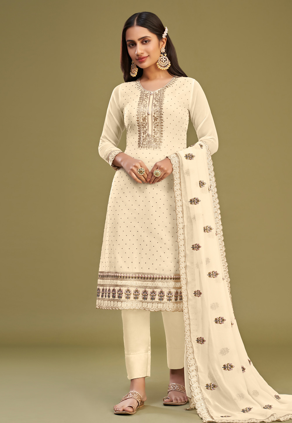 Cream Georgette Pant Style Suit 280648