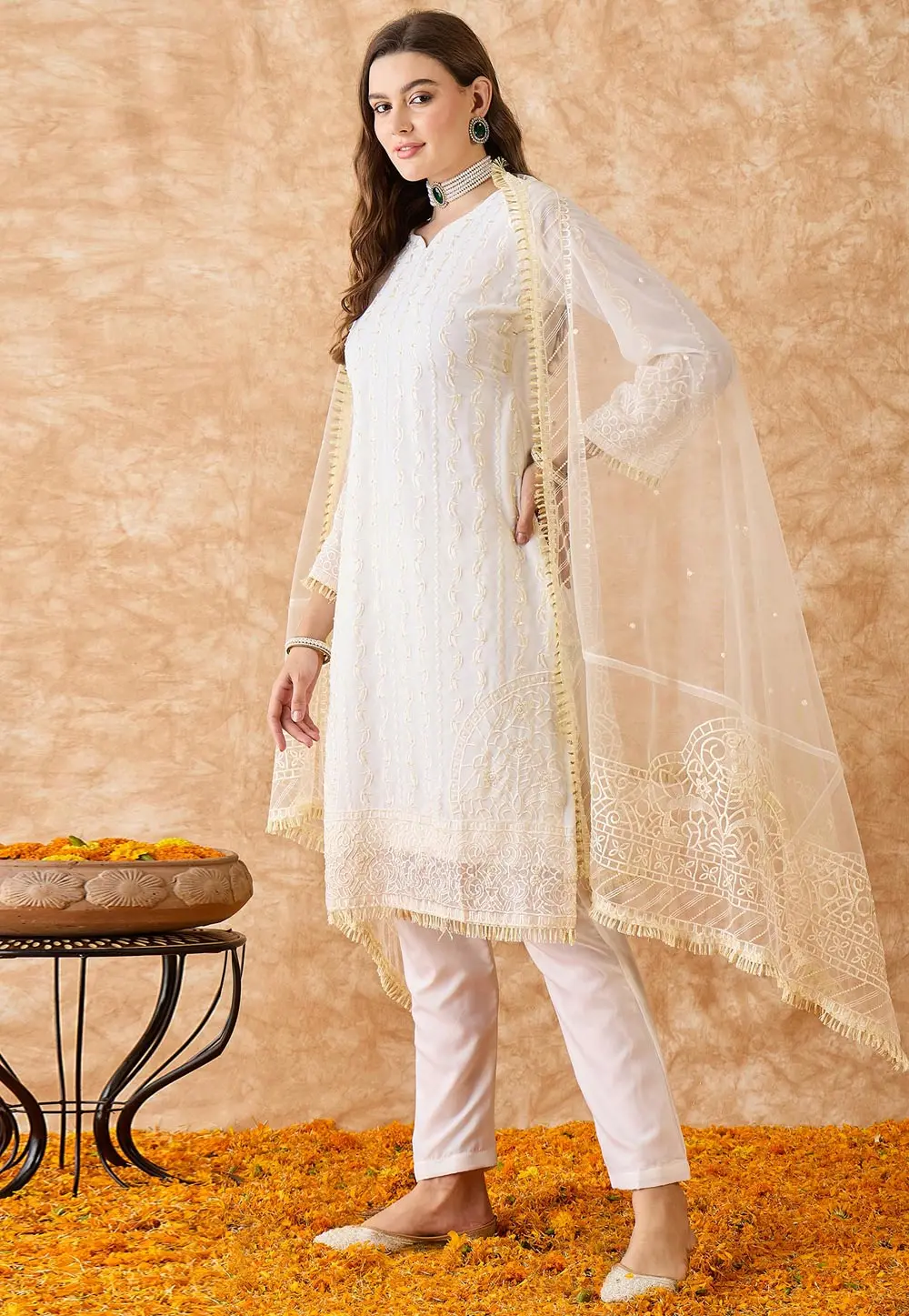 Cream Georgette Pant Style Suit 301608