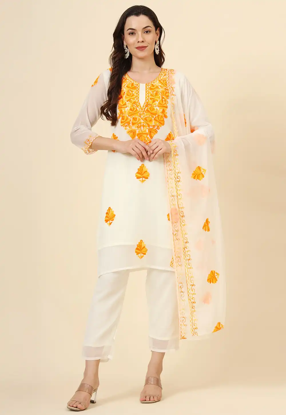 Cream Georgette Readymade Pakistani Suit 293444