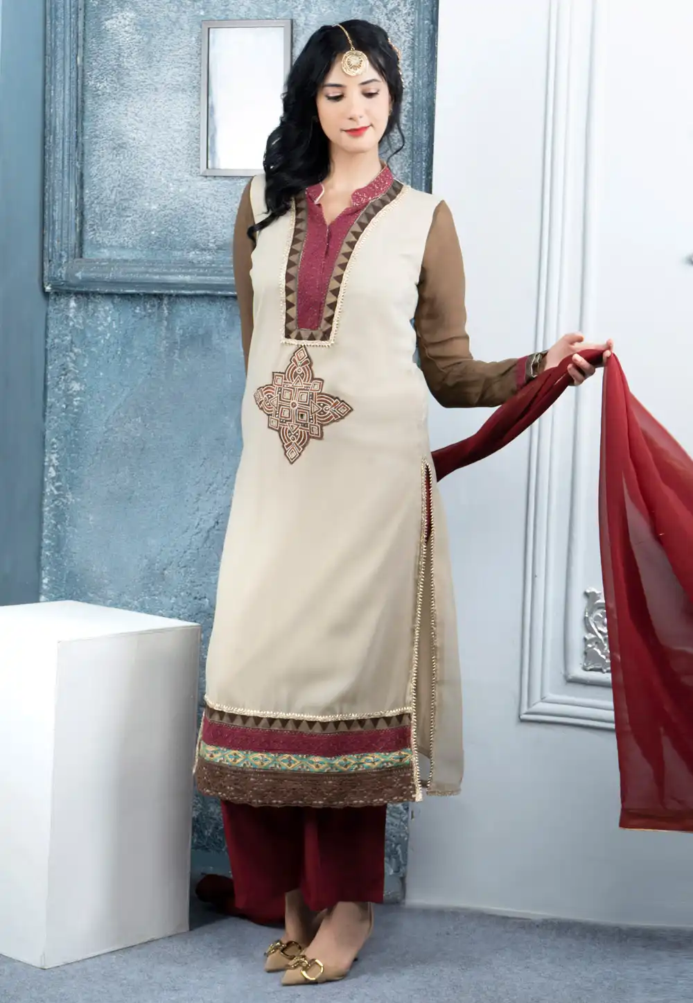 Cream Georgette Readymade Palazzo Suit 290496