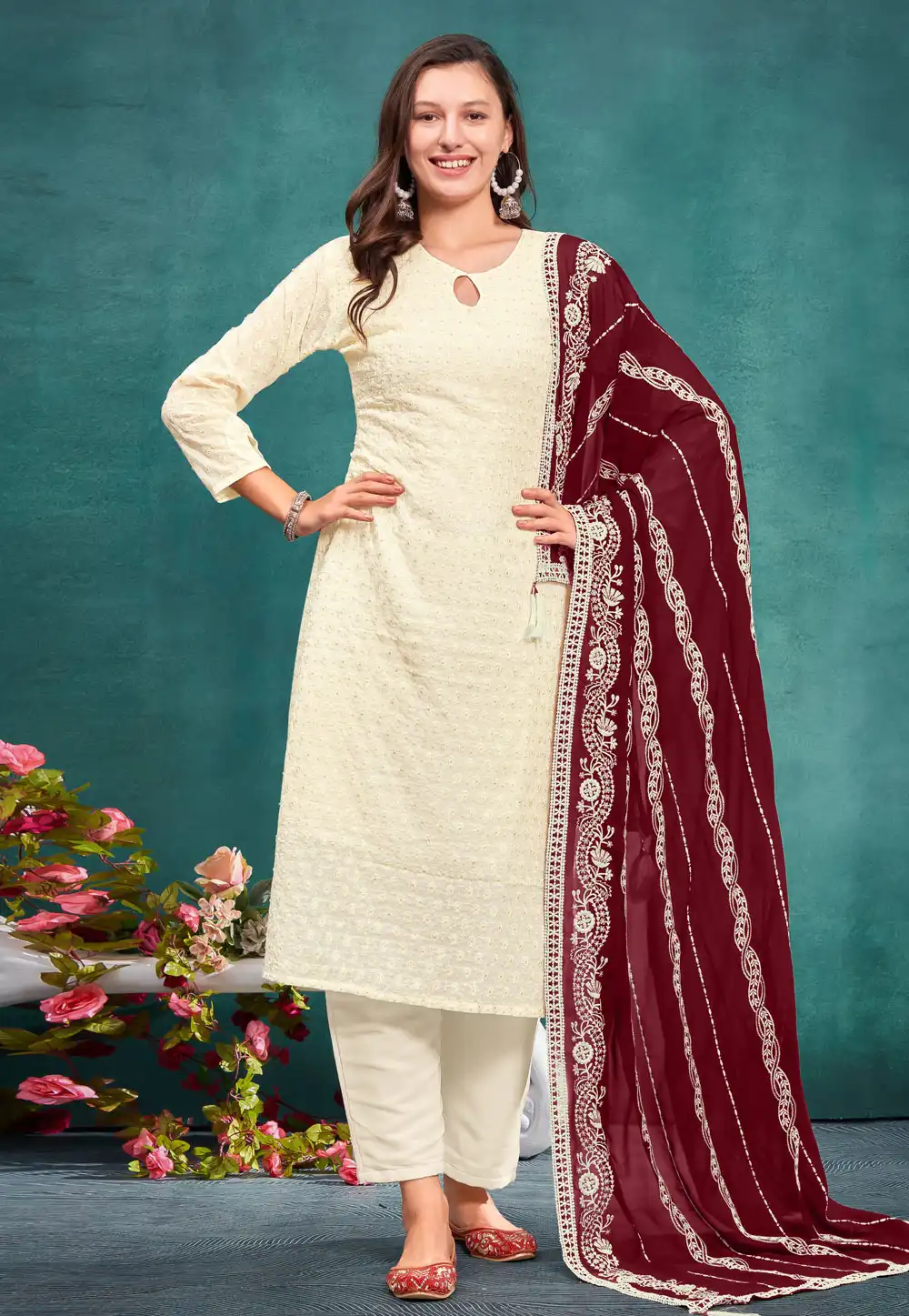 Cream Georgette Readymade Pant Style Suit 290520