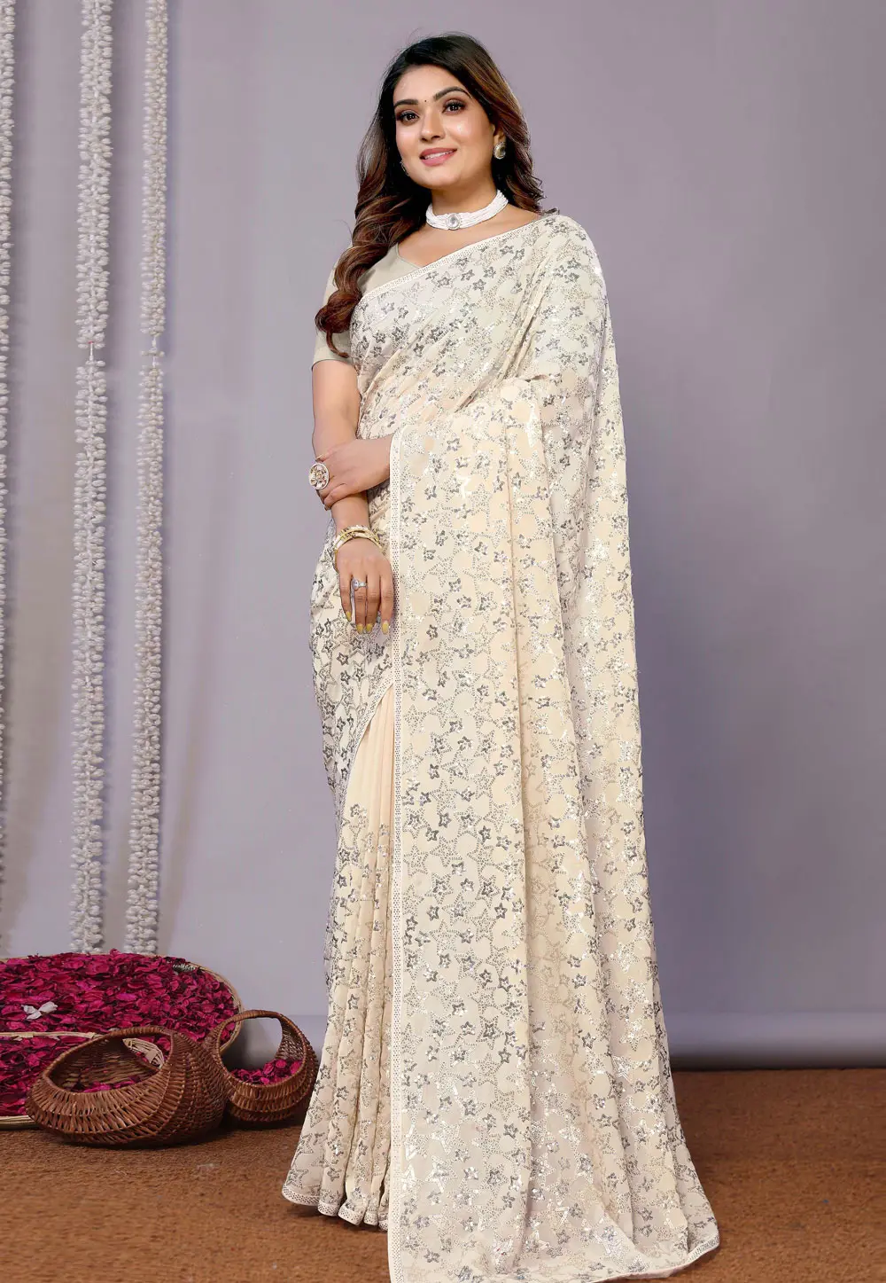 Cream Georgette Saree With Blouse 300583