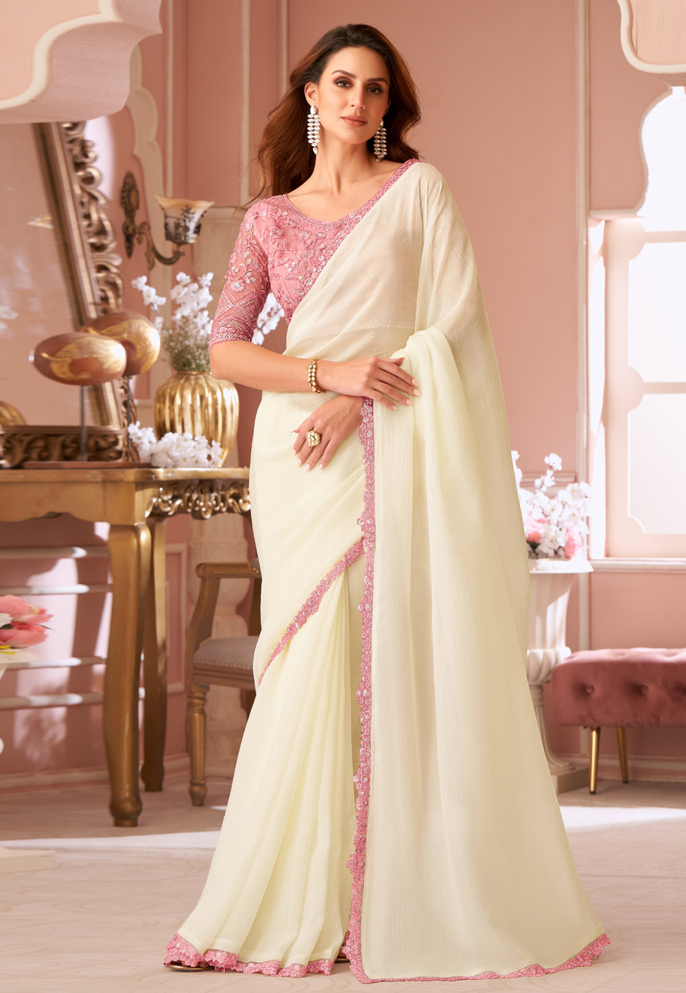 Cream Georgette Saree With Blouse 306258