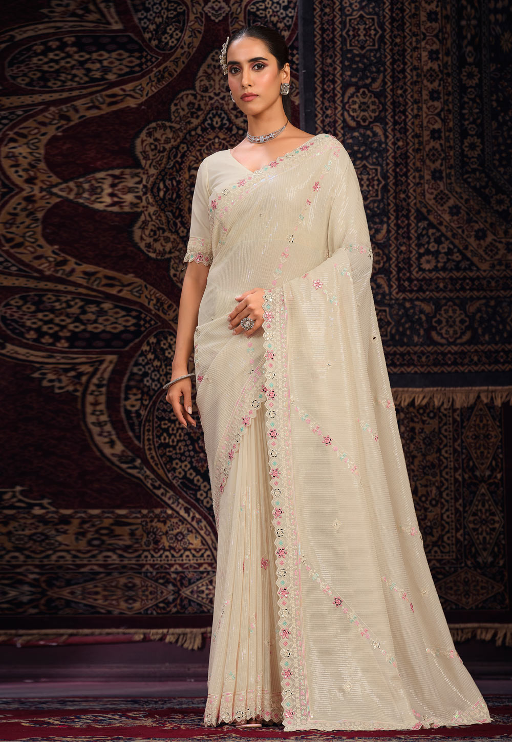 Cream Georgette Saree With Blouse 287547