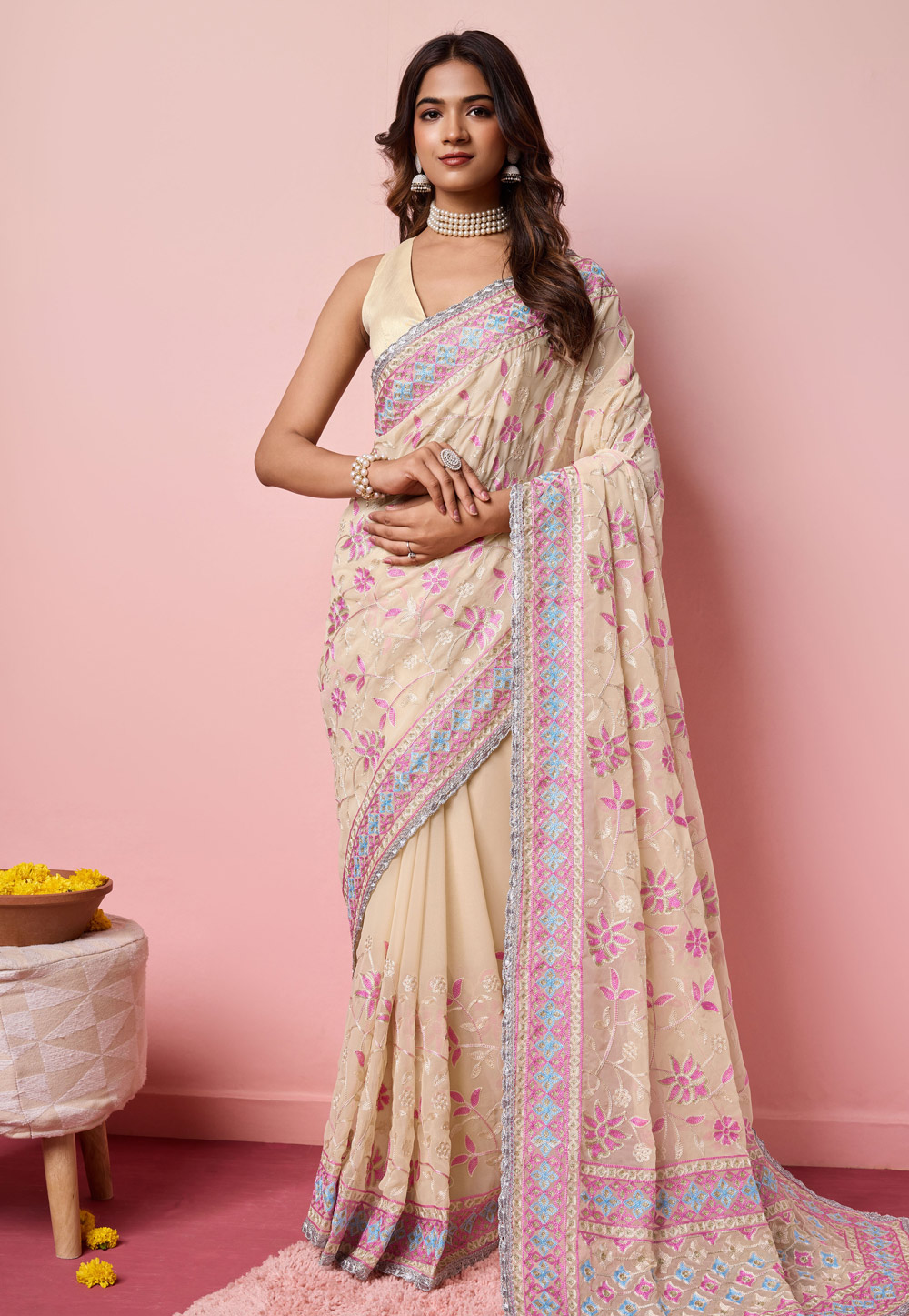 Cream Georgette Saree With Blouse 287641