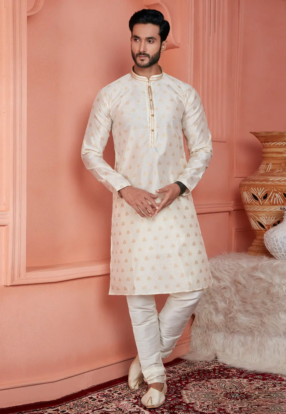 Cream Jacquard Banarasi Kurta Pajama 304303