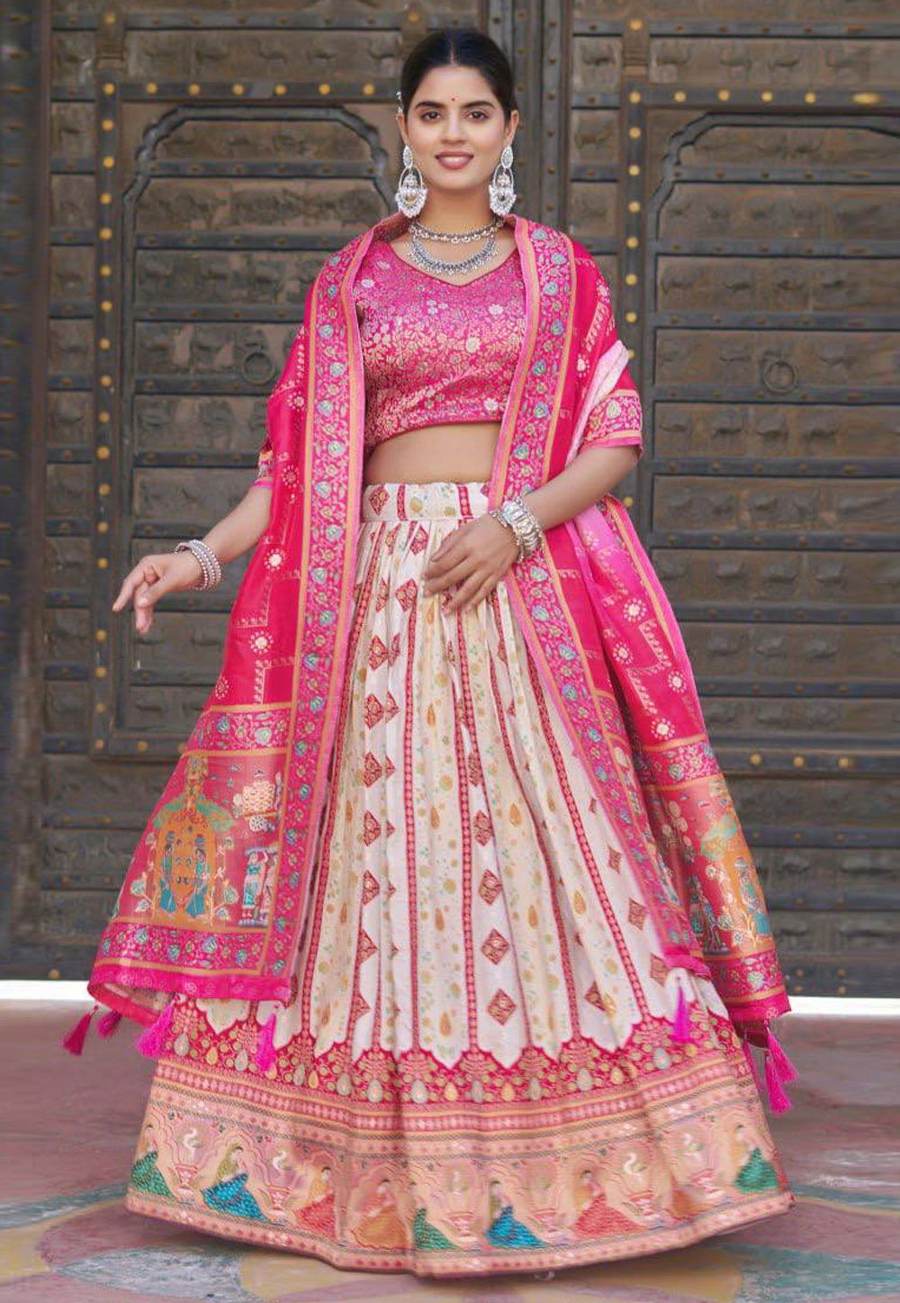 Cream Jacquard Circular Lehenga Choli 310211