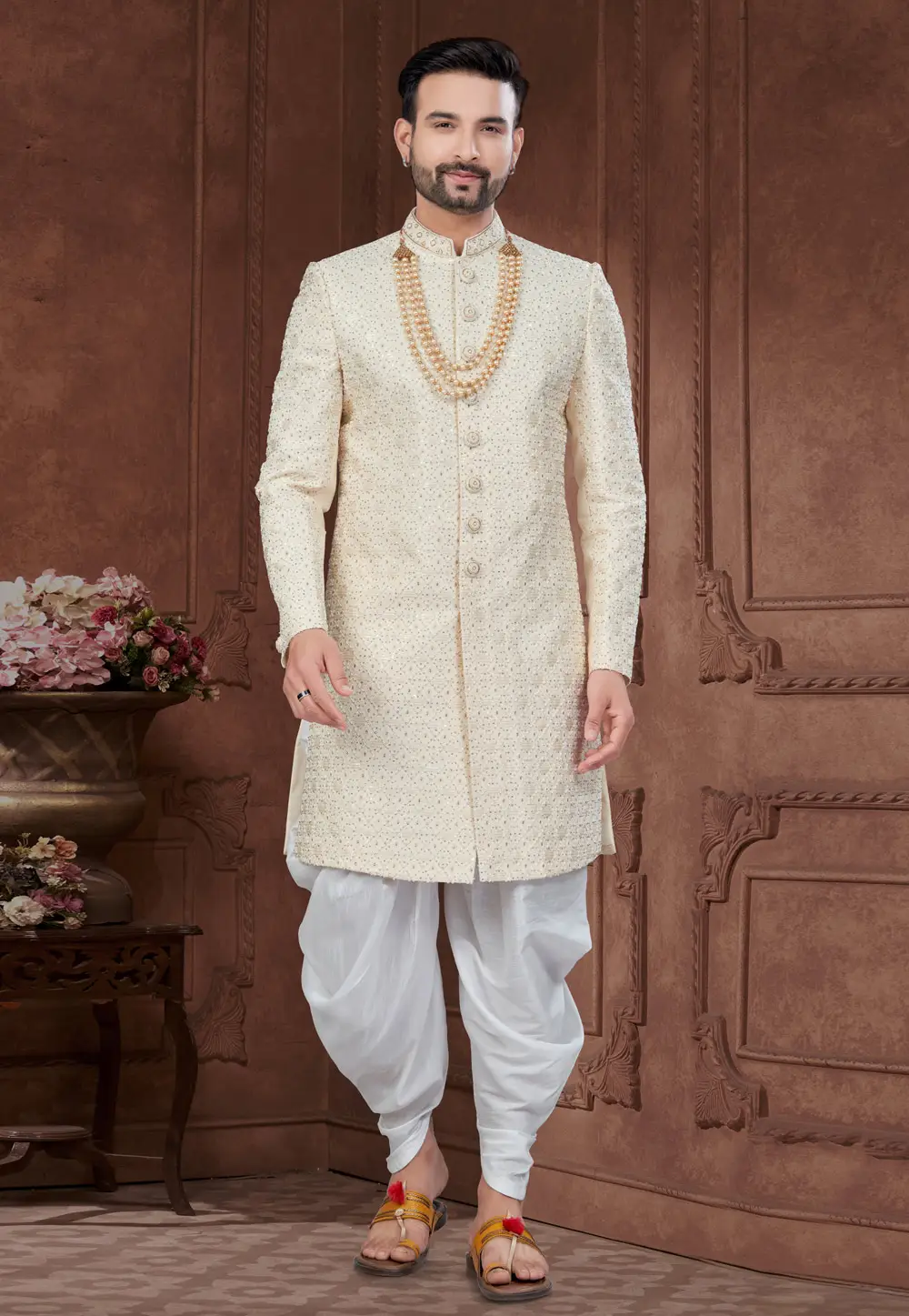 Cream Jacquard Dhoti Sherwani 295641