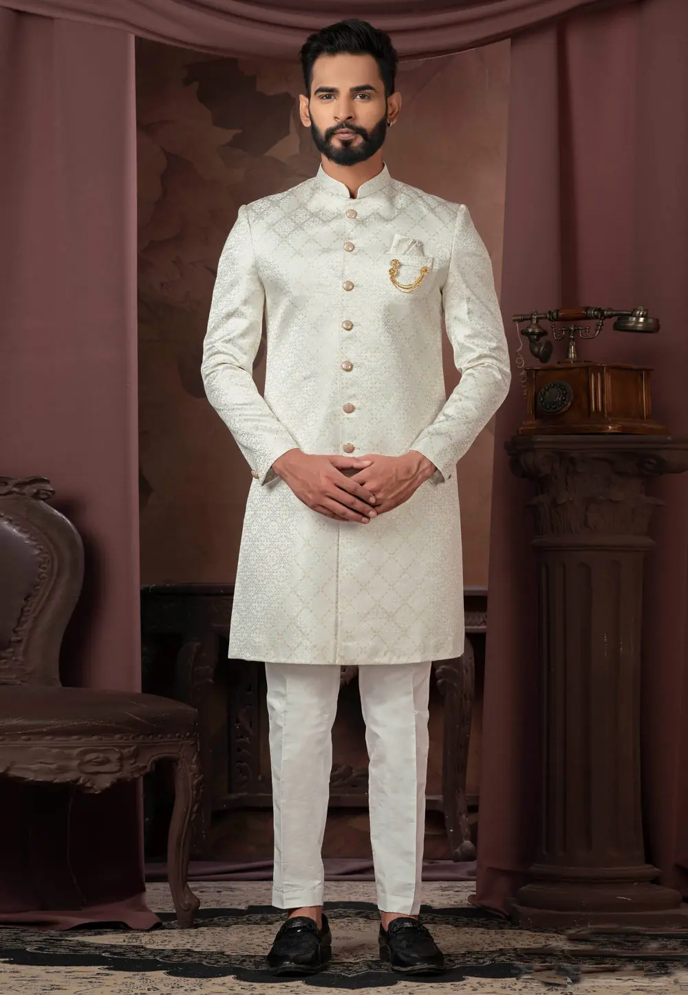 Cream Jacquard Indo Western Sherwani 302442