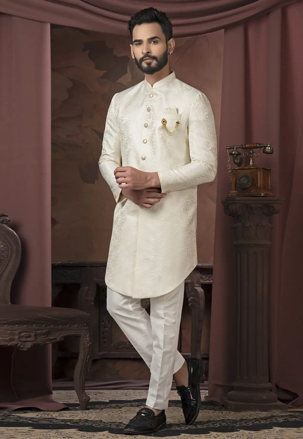 Cream Jacquard Indo Western Sherwani 302447