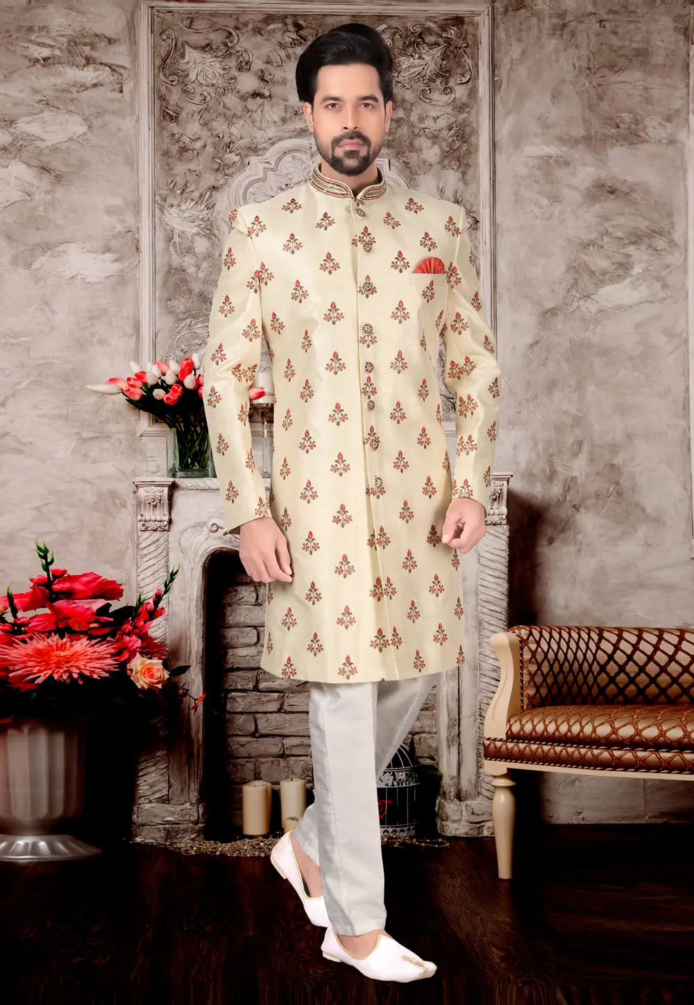 Cream Jacquard Indo Western Sherwani 302944