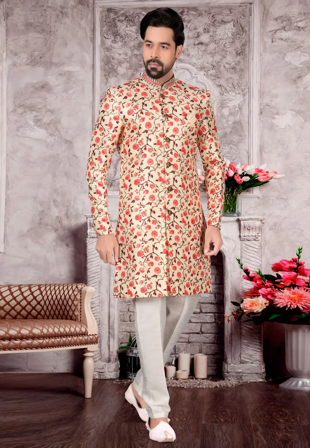 Cream Jacquard Indo Western Sherwani 302965